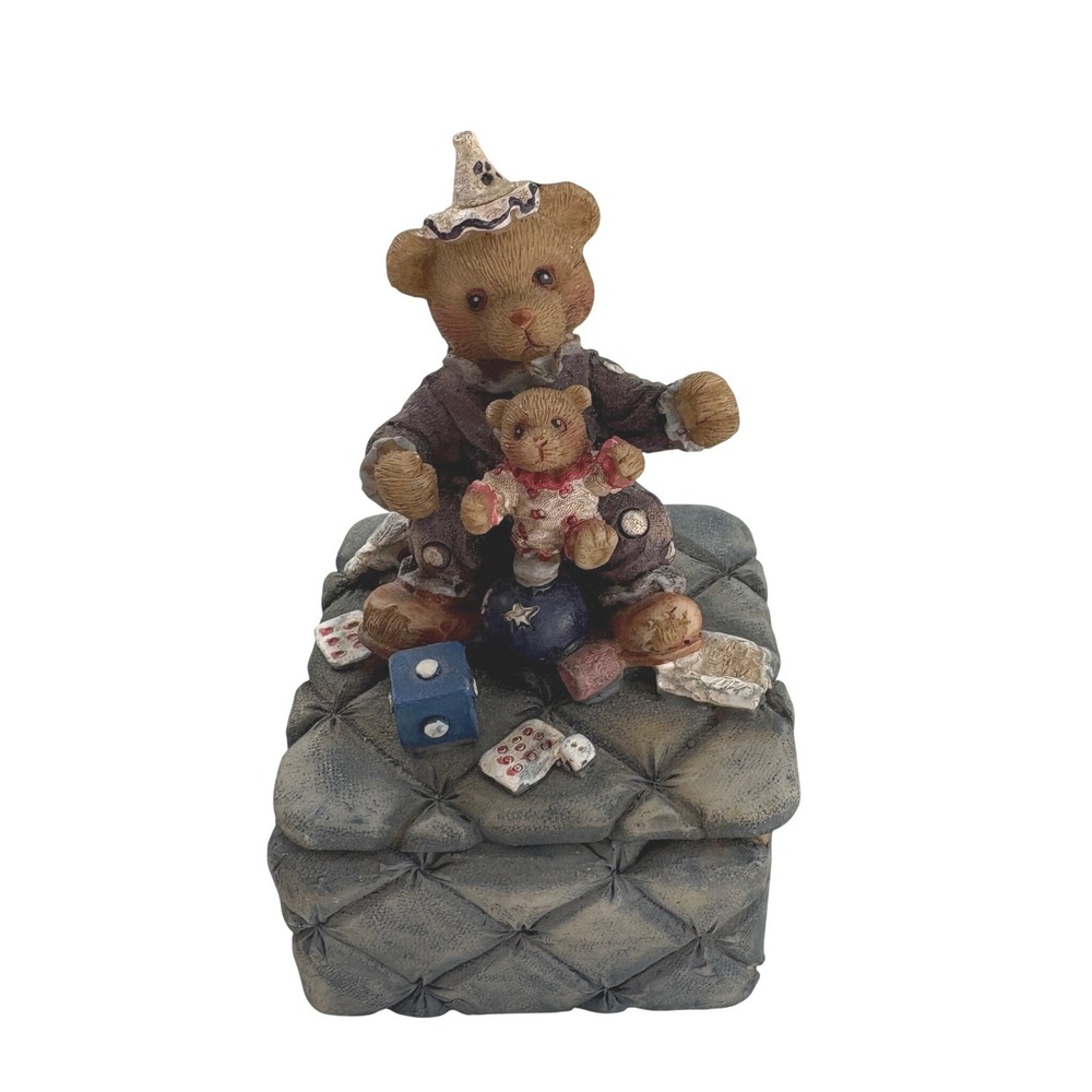 Boyds Bears Resin Jester Clown Teddy Bear Trinket Box Dice Playing Cards Vintage
